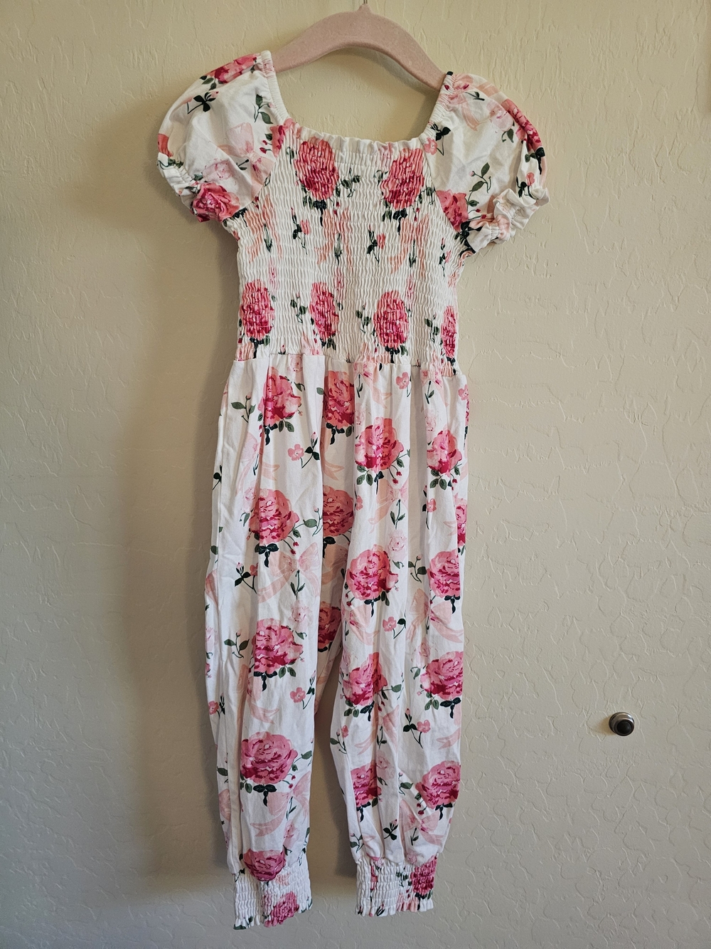 Sweet Honey Smocked Romper - Pink Rose Bouquet 4T